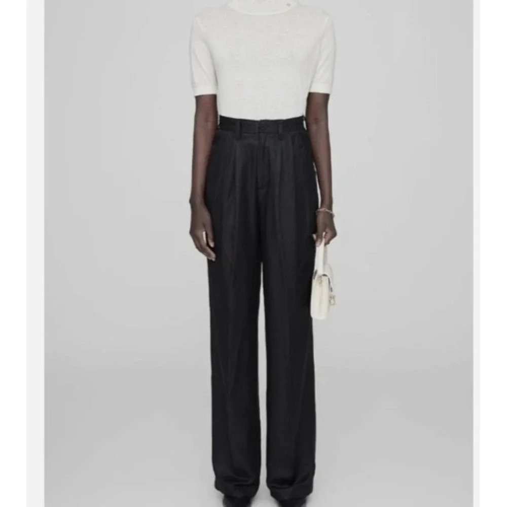 ANINE BING Carrie Linen Blend Size 34 (US 4) Wide Leg High Rise Pant Black